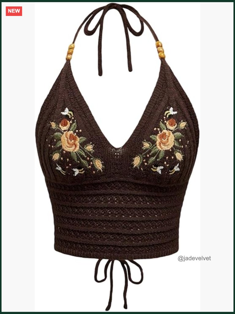 Crochet Halter Crop Top Boho Embroidered Tie Back Sleeveless Summer Top